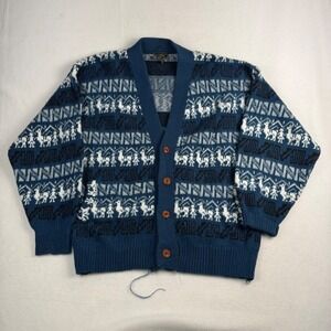 Tejidos Ruminahui Blue Llama Intarsia Knit Button Cardigan Sweater Mens‎ XL